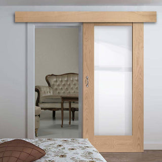 Image: Single Sliding Door & Wall Track - Pattern 10 Oak 1 Pane Door - Clear Glass - Prefinished