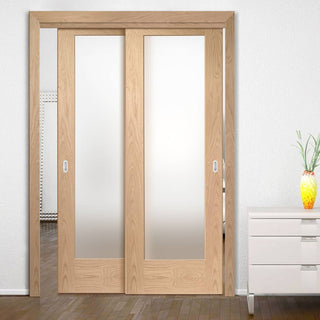 Image: Two Sliding Doors and Frame Kit - Pattern 10 Shaker Oak Door - Obscure Glass - Unfinished