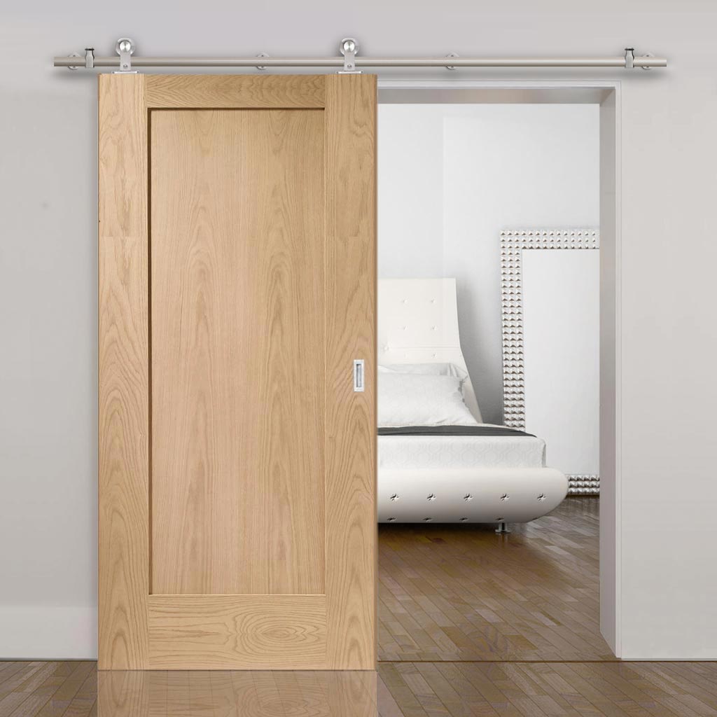 Sirius Tubular Stainless Steel Sliding Track & Pattern 10 Oak 1 Panel Door - Unfinished