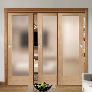 Image: Three Sliding Doors and Frame Kit - Pattern 10 Oak Shaker Door - Obscure Glass - Prefinished
