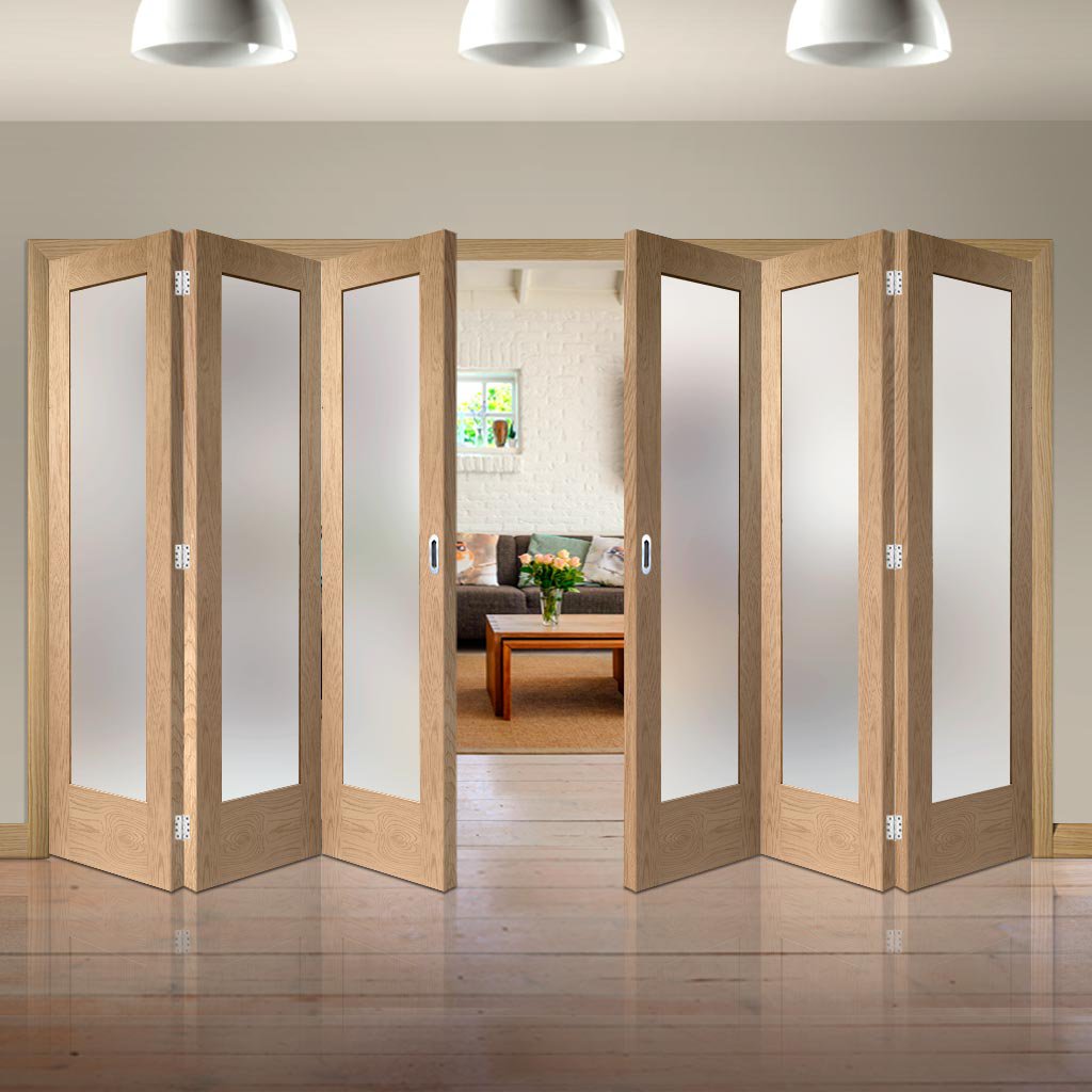 Six Folding Doors & Frame Kit - Pattern 10 Oak Shaker 3+3 - Obscure Glass - Prefinished