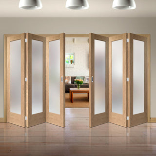 Image: Six Folding Doors & Frame Kit - Pattern 10 Oak Shaker 3+3 - Obscure Glass - Prefinished