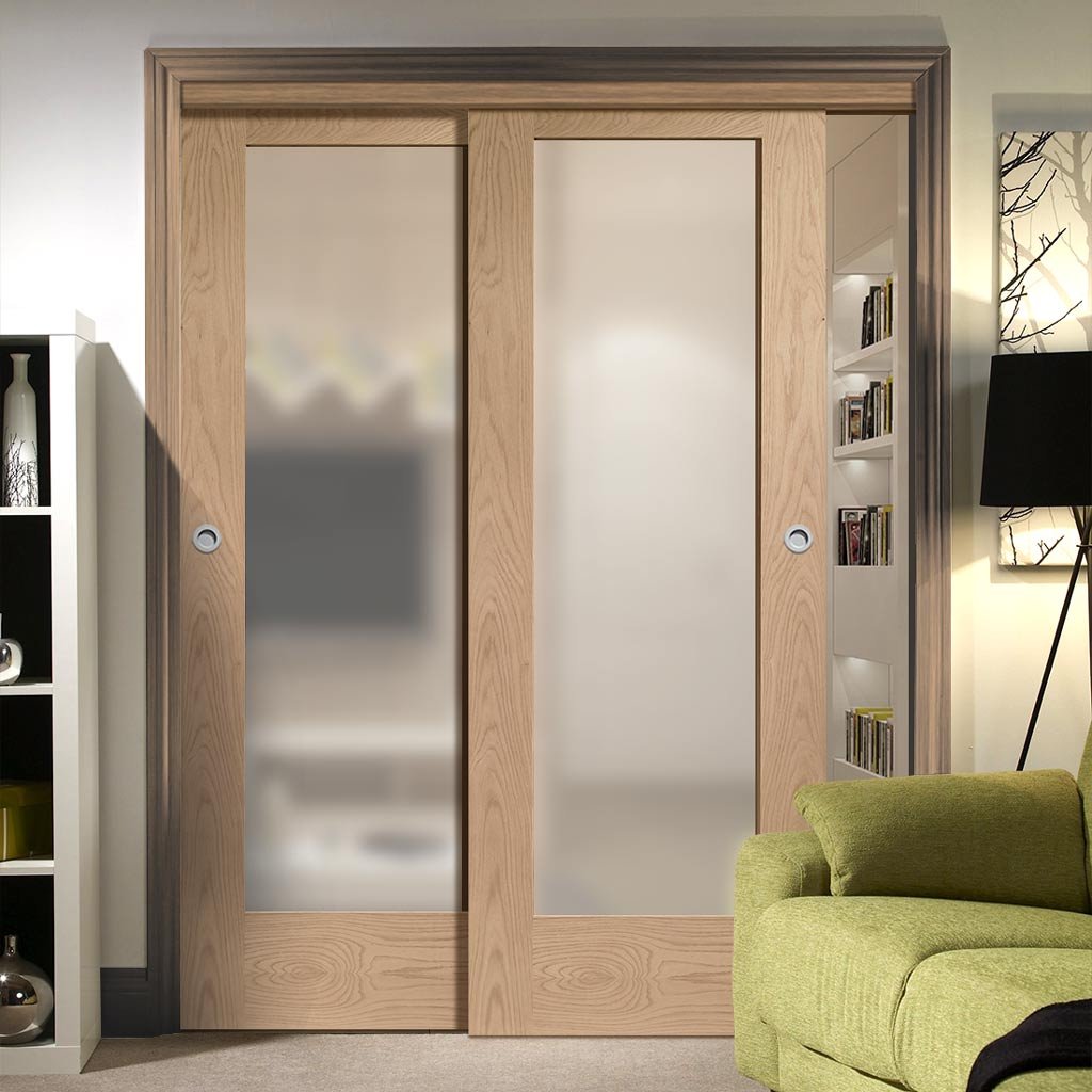 Two Sliding Doors and Frame Kit - Pattern 10 Oak Shaker Door - Obscure Glass - Prefinished