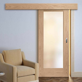 Image: Single Sliding Door & Wall Track - Pattern 10 Shaker Oak 1 Pane Door - Obscure Glass - Unfinished