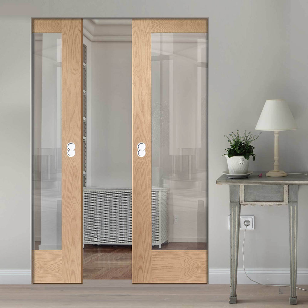 Bespoke Pattern 10 1L Shaker Oak Glazed Double Frameless Pocket Door