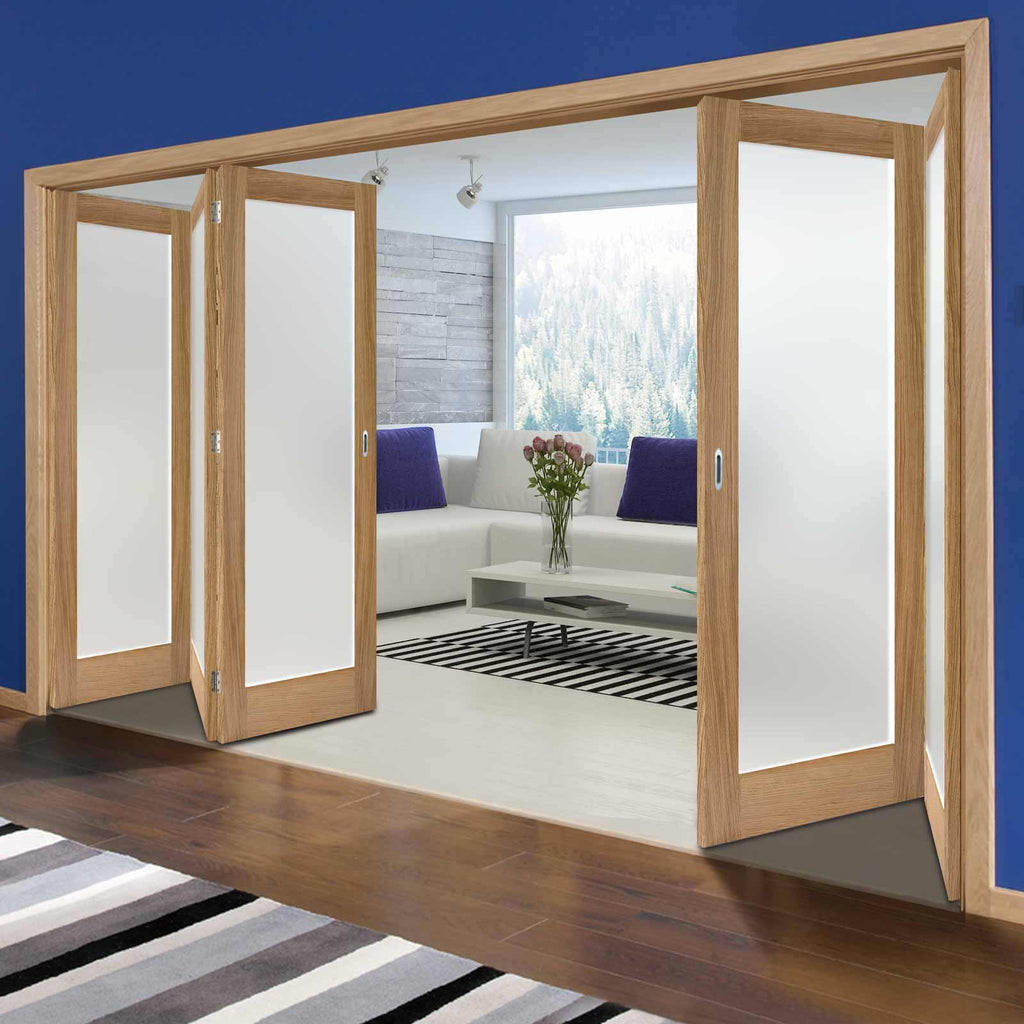 Five Folding Doors & Frame Kit - Pattern 10 Oak 3+2 - Frosted Glass - Unfinished