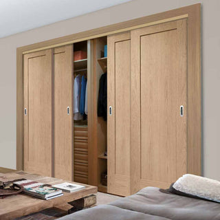 Image: Four Sliding Wardrobe Doors & Frame Kit - Pattern 10 Oak 1 Panel Door - Prefinished