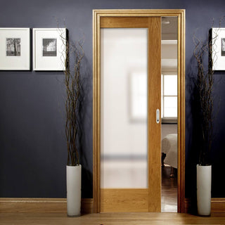 Image: Pattern 10 Oak Shaker Single Evokit Pocket Door - Frosted Glass - Prefinished