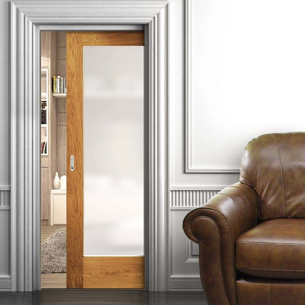 Pattern 10 Shaker Oak Single Evokit Pocket Door - Frosted Glass