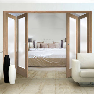 Image: Four Folding Doors & Frame Kit - Pattern 10 Oak Shaker 2+2 - Obscure Glass - Prefinished