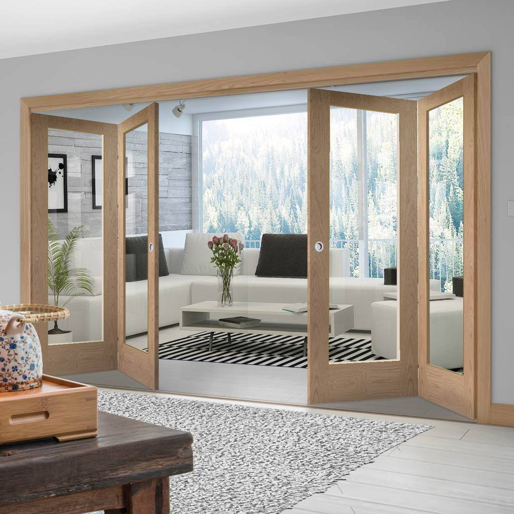 Four Folding Doors & Frame Kit - Pattern 10 Oak 2+2 - Clear Glass - Prefinished