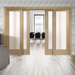 Image: Four Sliding Doors and Frame Kit - Pattern 10 Oak Shaker Door - Obscure Glass - Prefinished