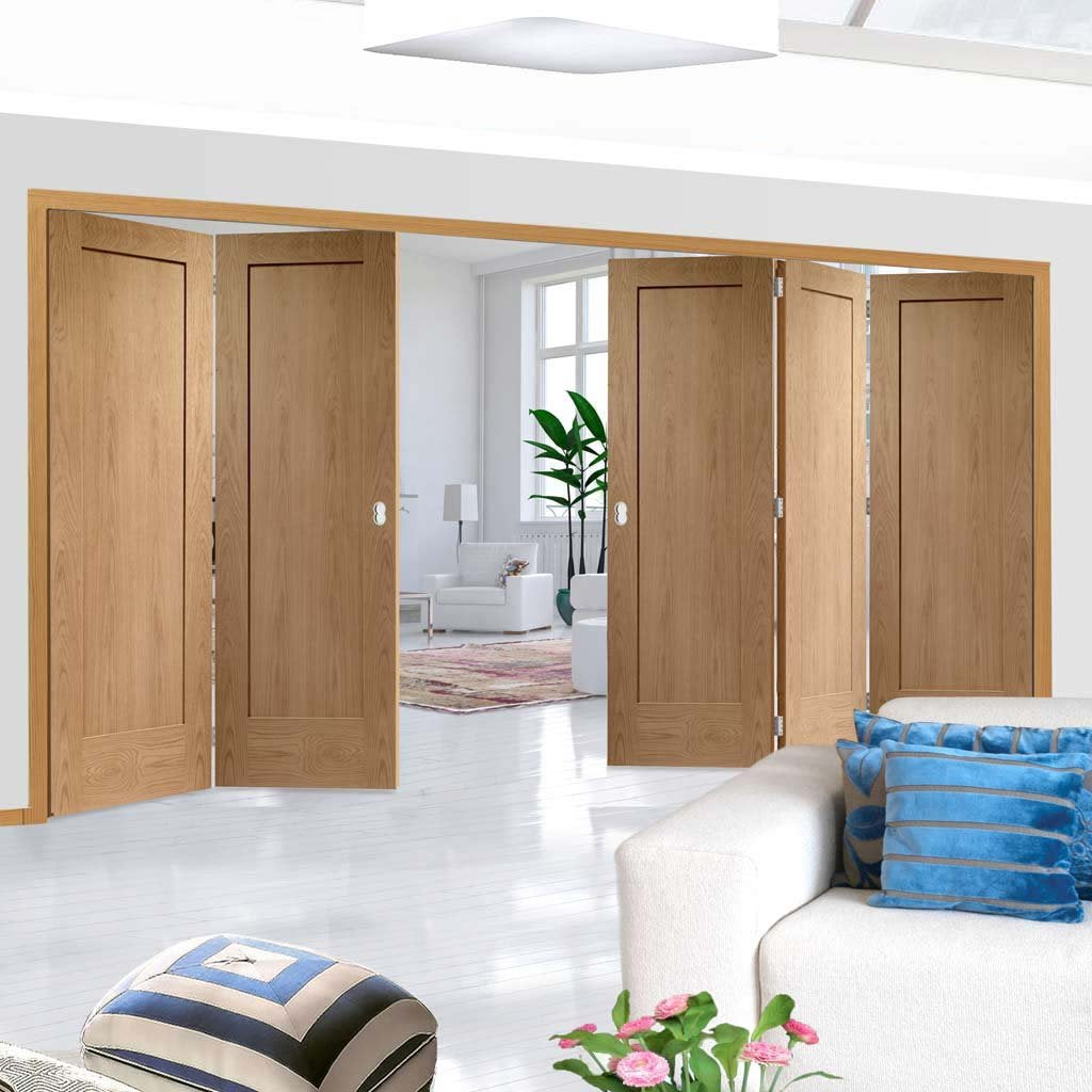 Five Folding Doors & Frame Kit - Pattern 10 Oak 2 Panel 3+2 - Prefinished