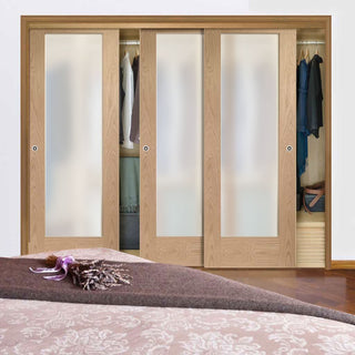 Image: Minimalist Wardrobe Door & Frame Kit - Three Pattern 10 Oak Shaker Doors - Obscure Glass - Prefinished