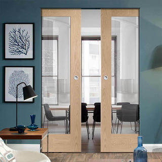 Image: Bespoke Pattern 10 1L Oak Glazed Double Frameless Pocket Door - Prefinished