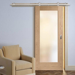 Image: Sirius Tubular Stainless Steel Sliding Track & Pattern 10 Shaker Oak 1 Pane Door - Obscure Glass - Unfinished
