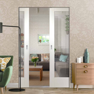 Image: Pattern 10 Absolute Evokit Double Pocket Door - Clear Glass - Primed