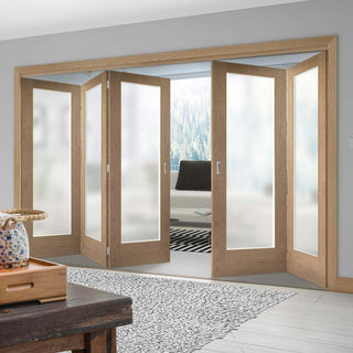 Image: Five Folding Doors & Frame Kit - Pattern 10 Oak Shaker 3+2 - Obscure Glass - Prefinished