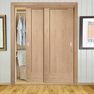 Image: Two Sliding Wardrobe Doors & Frame Kit - Pattern 10 Oak 1 Panel Door - Prefinished