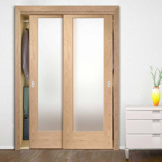 Image: Two Sliding Wardrobe Doors & Frame Kit - Pattern 10 Shaker Oak Door - Obscure Glass - Unfinished