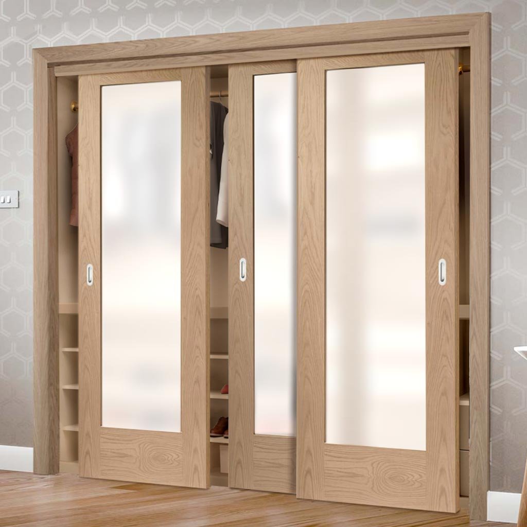 Minimalist Wardrobe Door & Frame Kit - Three Pattern 10 Shaker Oak Doors - Obscure Glass - Unfinished