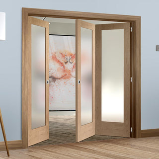 Image: Three Folding Doors & Frame Kit - Pattern 10 Shaker Oak 2+1 - Obscure Glass - Unfinished