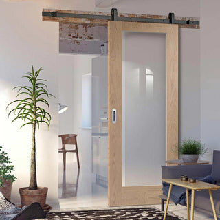 Image: Top Mounted Black Sliding Track & Door - Pattern 10 Oak Door - Clear Glass - Prefinished