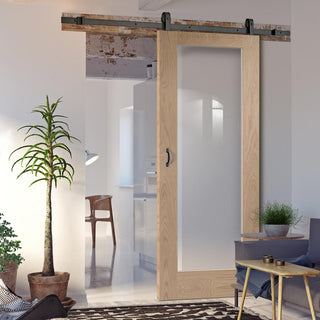 Image: Top Mounted Black Sliding Track & Door - Pattern 10 Oak 1 Pane Door - Clear Glass - Unfinished