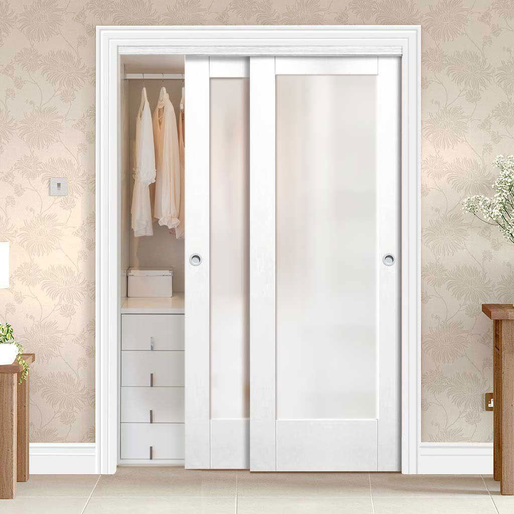 Two Sliding Wardrobe Doors & Frame Kit - Pattern 10 1 Pane Door - Obscure Glass - White Primed