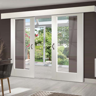 Image: Double Sliding Door & Wall Track - Pattern 10 1 Pane Doors - Clear Glass - White Primed