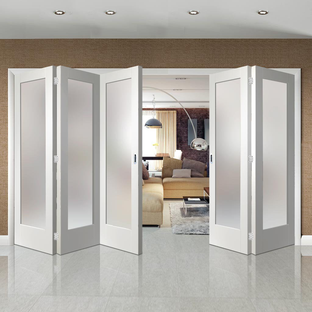Five Folding Doors & Frame Kit - Pattern 10 Full Pane 3+2 - Obscure Glass - White Primed