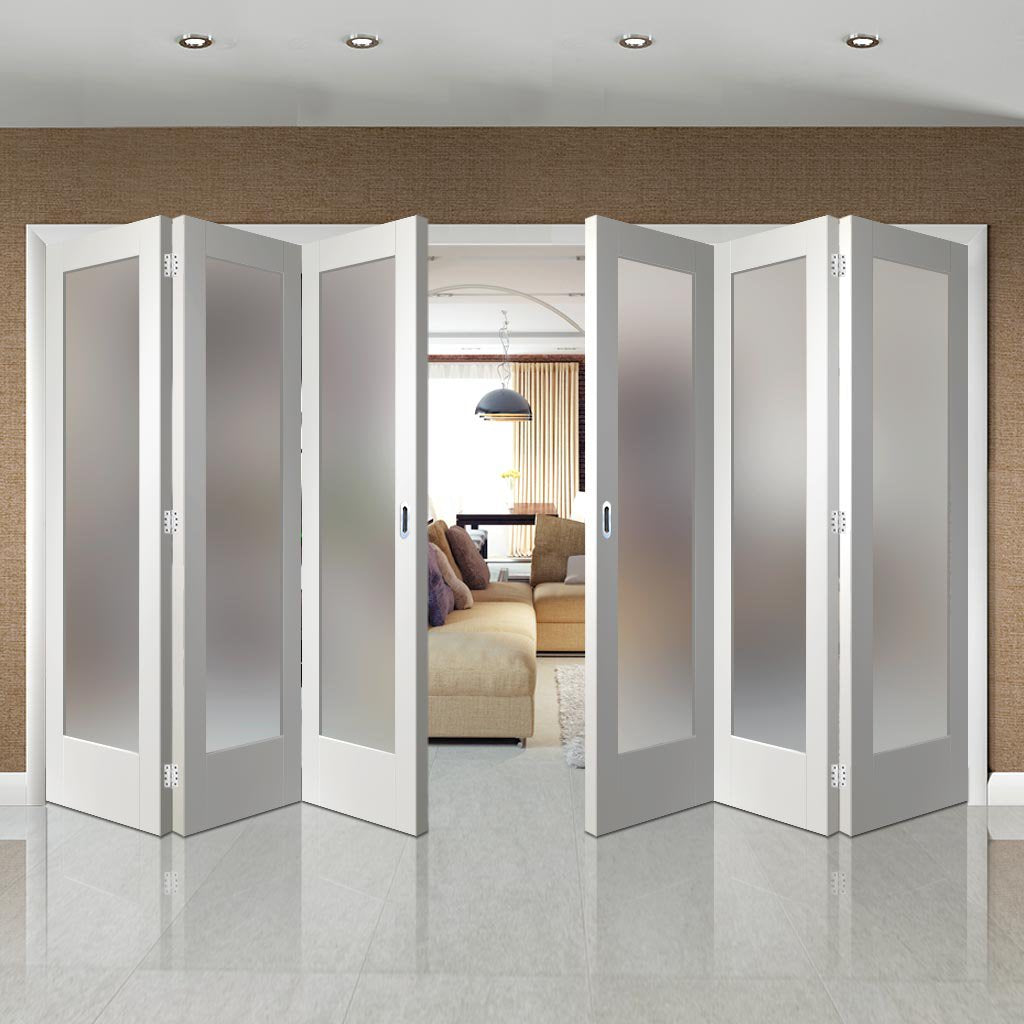 Six Folding Doors & Frame Kit - Pattern 10 Full Pane 3+3 - Obscure Glass - White Primed