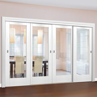 Image: Four Sliding Doors and Frame Kit - Pattern 10 1 Pane Door - Clear Glass - White Primed