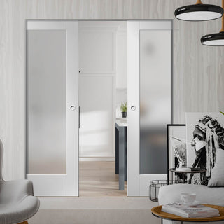 Image: Pattern 10 Full Pane Absolute Evokit Double Pocket Door - Frosted Glass - Primed