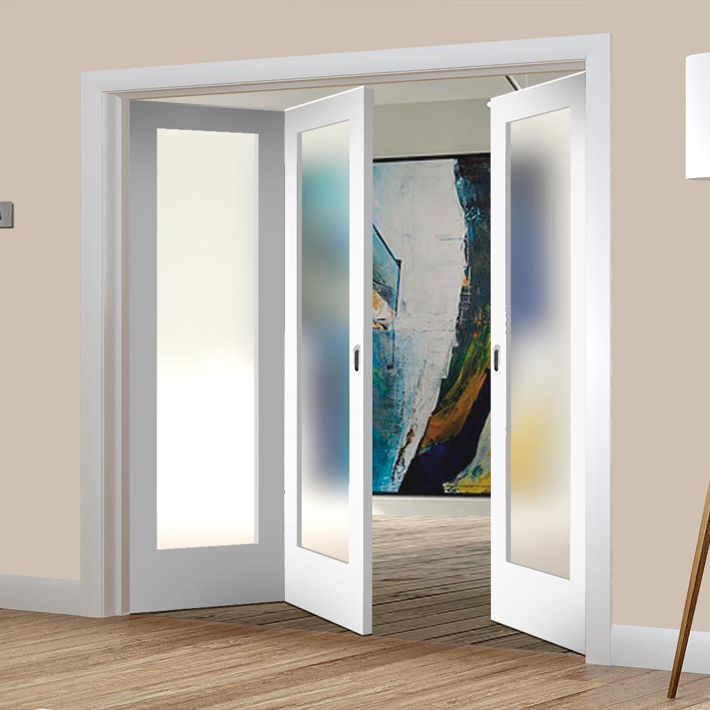 Three Folding Doors & Frame Kit - Pattern 10 Full Pane 2+1 - Obscure Glass - White Primed