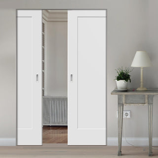 Image: Bespoke Pattern 10 Style Panel White Primed Double Frameless Pocket Door