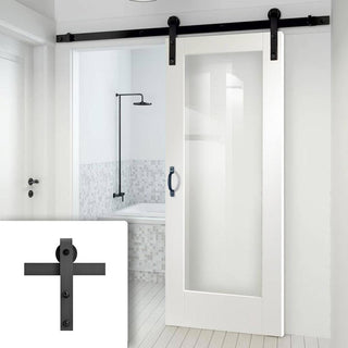 Image: Single Sliding Door & Black Barn Track - Pattern 10 1 Pane Door - Clear Glass - White Primed