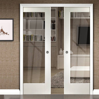 Image: Pattern 10 Double Evokit Pocket Doors - Clear Glass - Primed