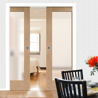 Image: Pattern 10 Oak Shaker Double Evokit Pocket Doors - Frosted Glass - Prefinished