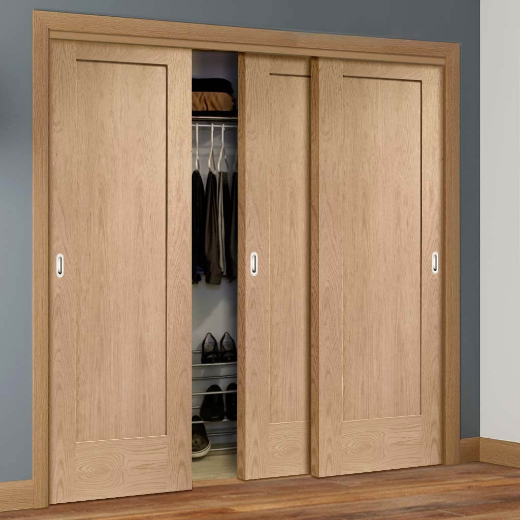 Three Sliding Wardrobe Doors & Frame Kit - Pattern 10 Oak 1 Panel Door - Unfinished