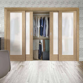 Image: Four Sliding Wardrobe Doors & Frame Kit - Pattern 10 Shaker Oak Door - Obscure Glass - Unfinished
