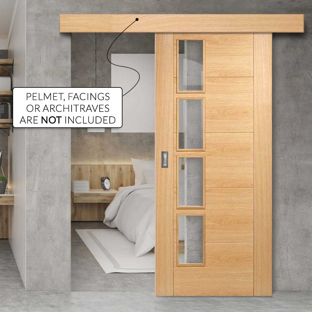 Bespoke Thruslide Surface Vancouver Oak 4L Door - Clear Glazed Offset - Sliding Door and Track Kit - Prefinished