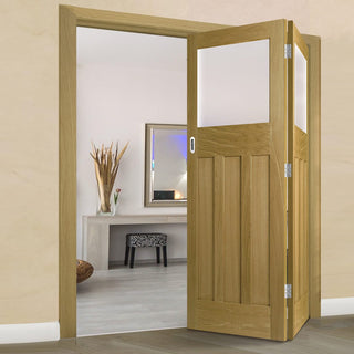 Image: Two Folding Doors & Frame Kit - 1930's Oak Solid 2+0 - Frosted Glass - Unfinished