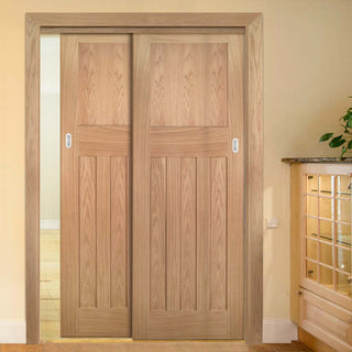 Image: Pass-Easi Two Sliding Doors and Frame Kit - Cambridge Period Oak Door - Unfinished