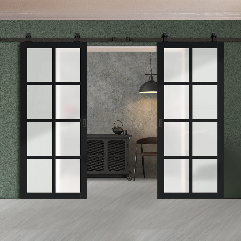 Top Mounted Black Sliding Track & Solid Wood Double Doors - Eco-Urban® Perth 8 Pane Doors DD6318SG - Frosted Glass - Shadow Black Premium Primed