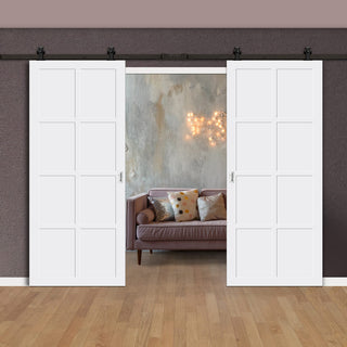 Image: Top Mounted Black Sliding Track & Solid Wood Double Doors - Eco-Urban® Perth 8 Panel Doors DD6318 - Cloud White Premium Primed