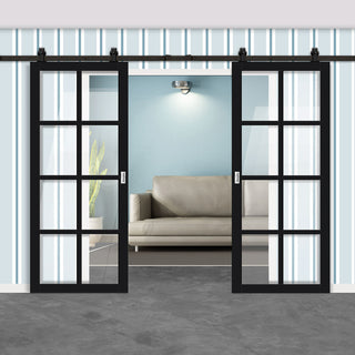 Image: Top Mounted Black Sliding Track & Solid Wood Double Doors - Eco-Urban® Perth 8 Pane Doors DD6318G - Clear Glass - Shadow Black Premium Primed