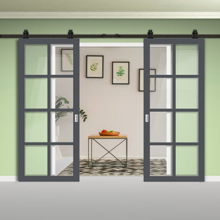 Image: Top Mounted Black Sliding Track & Solid Wood Double Doors - Eco-Urban® Perth 8 Pane Doors DD6318G - Clear Glass - Stormy Grey Premium Primed