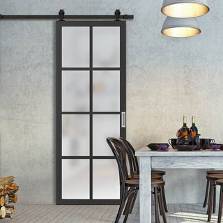 Image: Top Mounted Black Sliding Track & Solid Wood Door - Eco-Urban® Perth 8 Pane Solid Wood Door DD6318SG - Frosted Glass - Stormy Grey Premium Primed