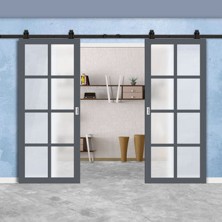 Image: Top Mounted Black Sliding Track & Solid Wood Double Doors - Eco-Urban® Perth 8 Pane Doors DD6318SG - Frosted Glass - Stormy Grey Premium Primed